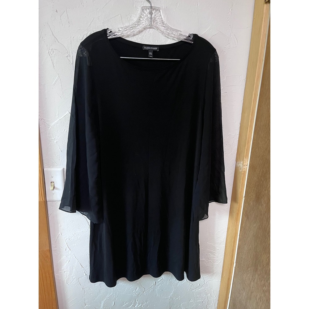 Eileen Fisher Black 100% Silk Tunic Top Sheer Bell Sleeve Medium